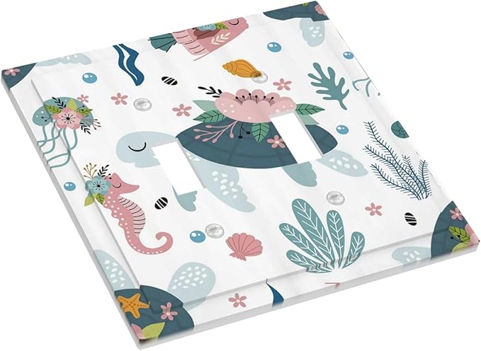Underwater Floral Turtle Animal 2 Gang Light Switch Plate Cover Double Toggle Wall Plate Decorative Switchplate Electrical Faceplate for Nursery Kidsroom Bedroom Decor