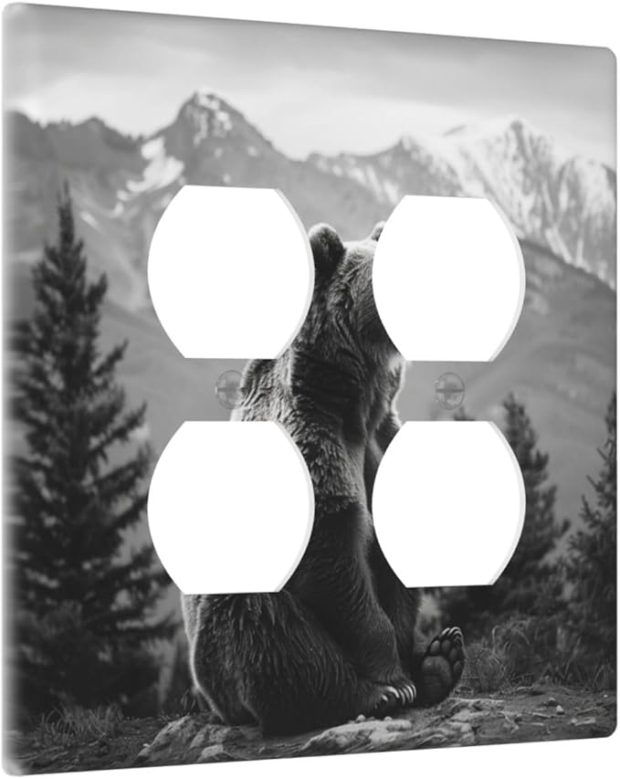Decorative Outlet Covers Black White Bear Mountain Pine Trees Wilderness 2 Gang Decorative Switch Plate Double Duplex Wall Plates Switch Plates and Outlet Covers for Bathroom Bedroom Decor