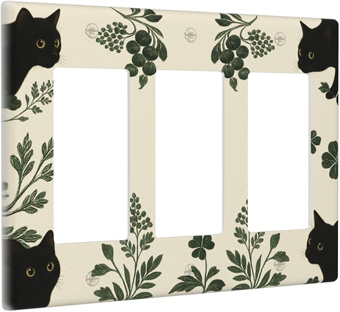 Decorative Outlet Covers Funny Black Cat Green Leaf 3 Gang Light Switch Cover Plate Triple Rocker Wall Plates for Electrical Outlets Switch Plate Covers for Bedroom Home Decor