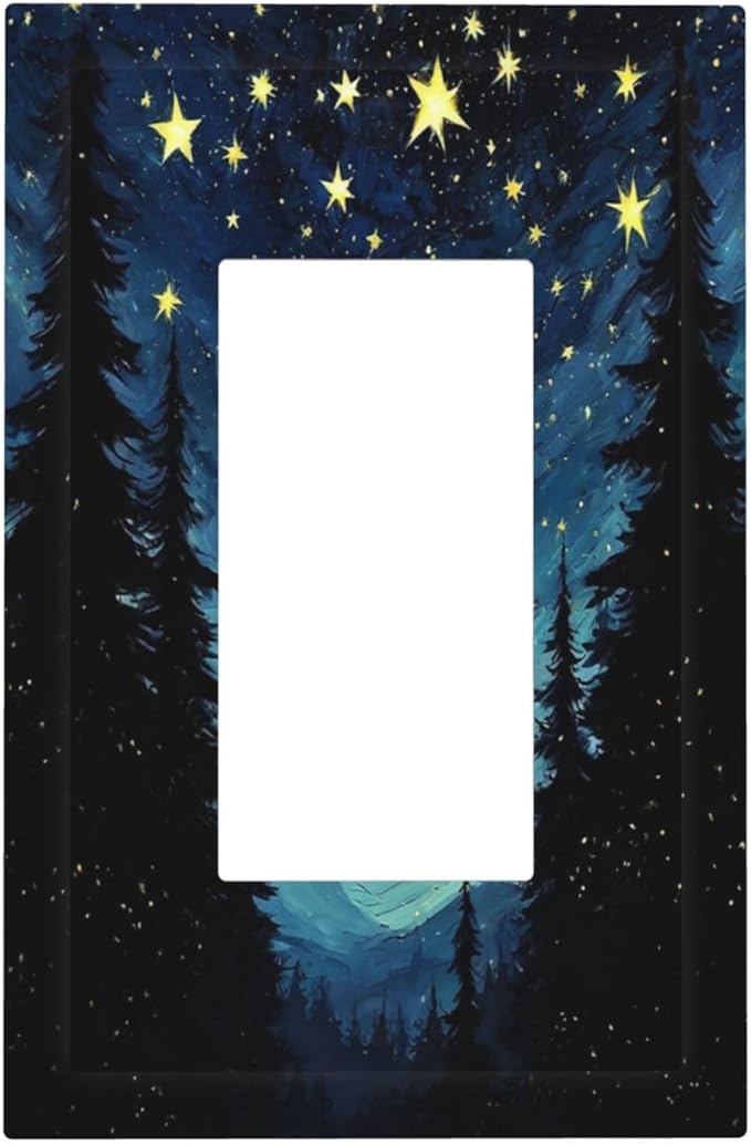 Decorative Outlet Covers Blue Starry Sky Forest Painted Star Pine Tree Oil Painting 1 Gang Single Rocker Light Switch Cover Plate Wall Plates GFCI Faceplate for Bedroom Cabin Decor