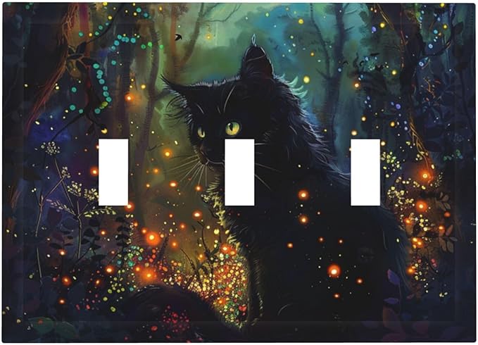 Light Switch Cover Plate Magic Fantasy Forest Mysterious Black Cat 3 Gang Triple Toggle Decorative Switch Plates Wall Plates Electrical Switchplate Faceplate for Kid Room Bathroom Decor
