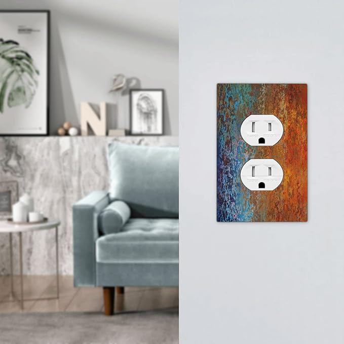 Red/Celestial Blue Rust Colorful Metal Rusty 1 Gang Outlet Plate Duplex Decorative Outlet Covers Electrical Receptacle Lightswitch Faceplate 5" X 3"