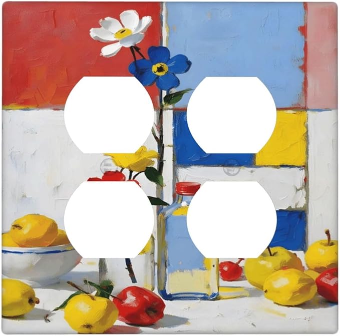 Color Block Floral Still Life Art Red Yellow Blue Abstract Outlet Covers 2 Gang Double Duplex Decorative Light Switch Covers Electrical Wallplates Socket Faceplate for Farmhouse Bedroom Decor