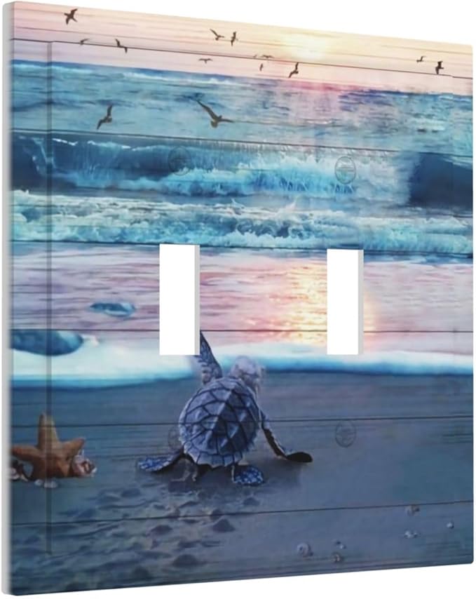 Nautical Sea Beach Navy Blue Turtle Seashells Starfish Ocean Coastal Seascape Marine Decorative 2-Gang Double Toggle Outlet Light Switch Wall Plate Electrical Receptacle Faceplate Cover Jumbo Size