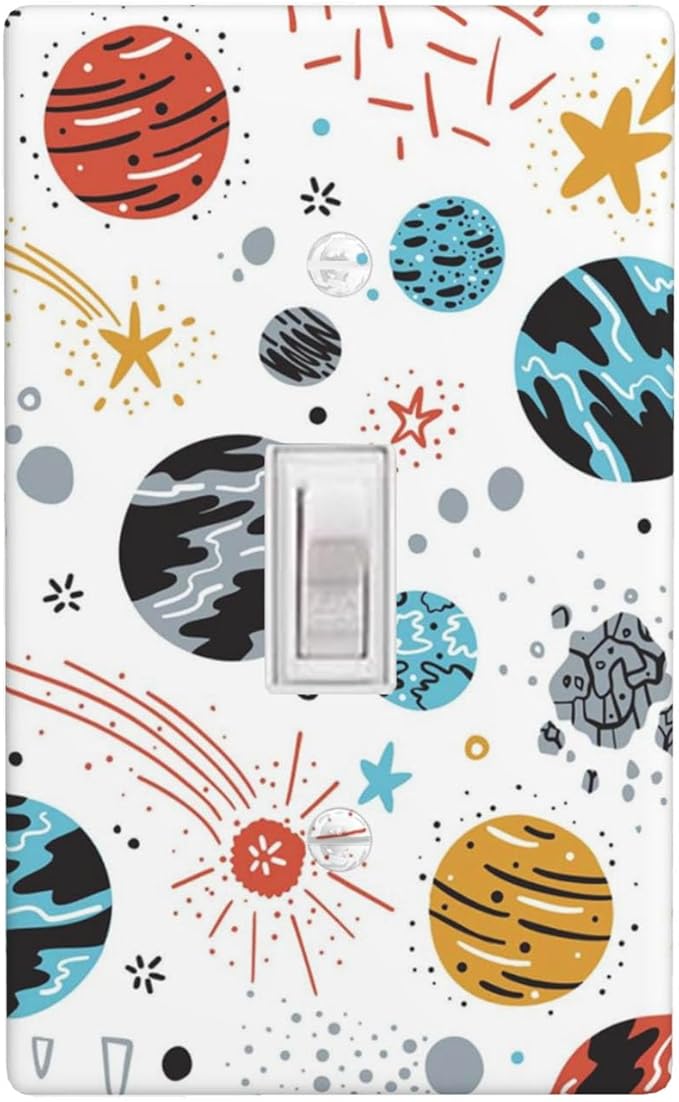 Space Planets Stars 1-Gang Toggle Light Switch Plate, Cartoon Space Wall Plate for Kids Room, Playroom, Bathroom & Kitchen