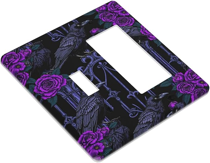 Outlet Covers Gothic Style Crow Purple Flowers 1 Toggle 1 Rocker Combination Decorative Wall Plate Light Switch Cover Plate Electrical Switch Plates for Bedroom living Room Decor