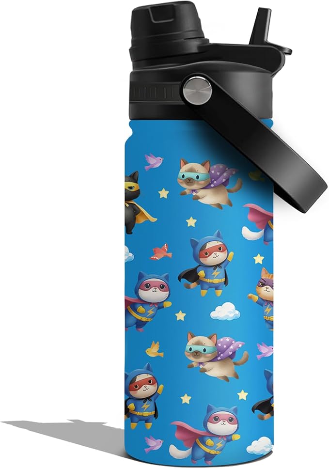 Insulated Water Bottle 18oz, Cats Gifts Water Bottle with 2-in-1 Straw and Spout Lid, Blue Cats Cup Leakproof, Cat Cup Coffee Travel Mug for Cat Lovers, Birthday Gift Ideal for Boys Girls