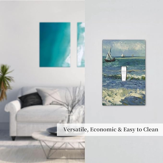 Nautical Ocean Waves Sailboat Painting Blue Sky Decorative Light Switch Cover 1 Gang Single Toggle Device Electrical Faceplate Switchplates Decorator Outlet Wall Plate for Bathroom Bedroom Decor