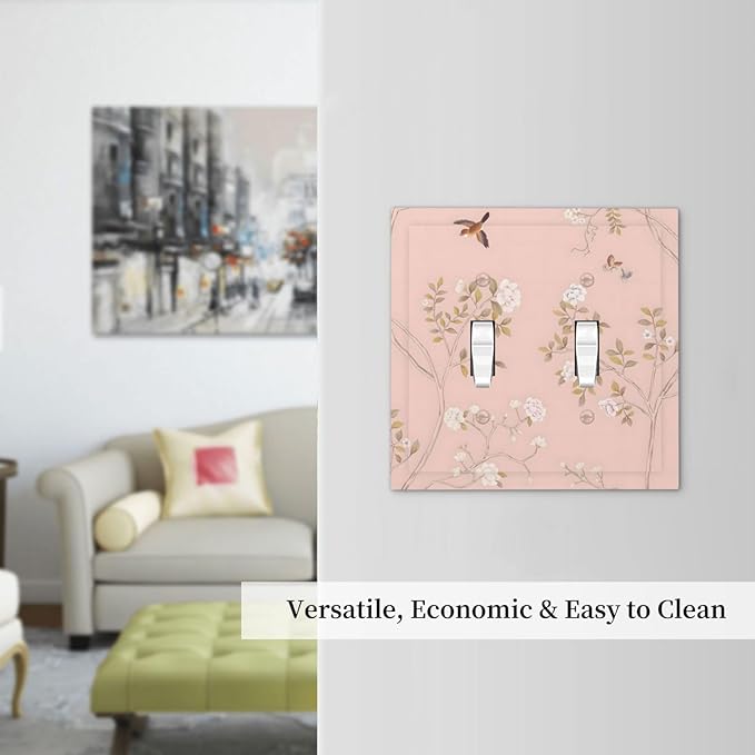Pink Background Flowers Bird Butterflies Floral Decorative Switch Plates 2 Gang Double Toggle Outlet Light Switch Cover Wall Plate Electrical Faceplate for Bedroom Living Room Decor