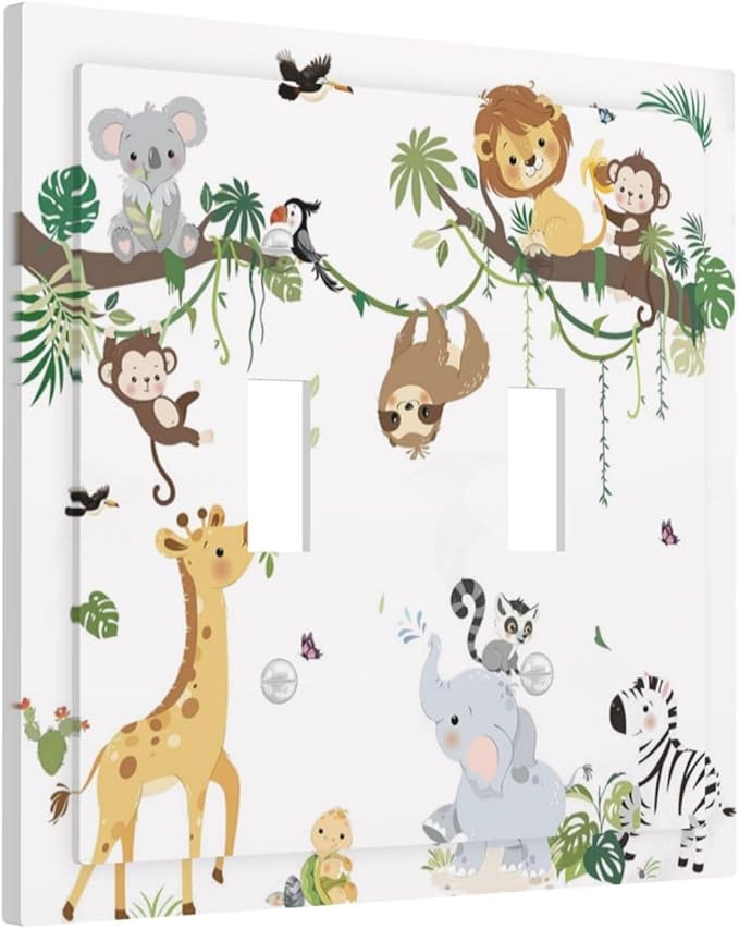 Jungle Animals Tree Branch Monkey Giraffe Lion Elephant Decorative Switch Plates 2 Gang Double Toggle Outlet Light Switch Cover Wall Plate Electrical Faceplate for Kids Room Nursery Decor