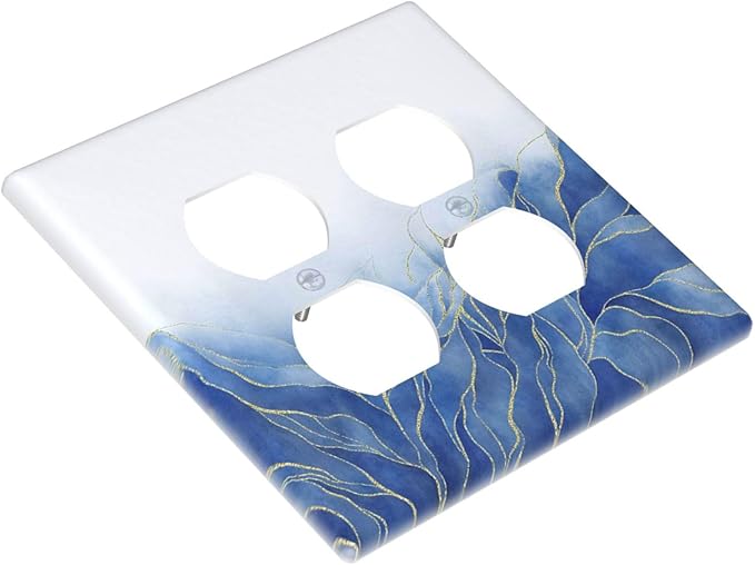 Decorative Light Switch Cover Plate Blue Gold Leaf Marble Modern Abstract 2 Gang Decorative Switch Plates 1 Toggle Duplex Combo Outlet Covers GFCI Plug Covers Wallplates for Kitchen Bathroom Decor
