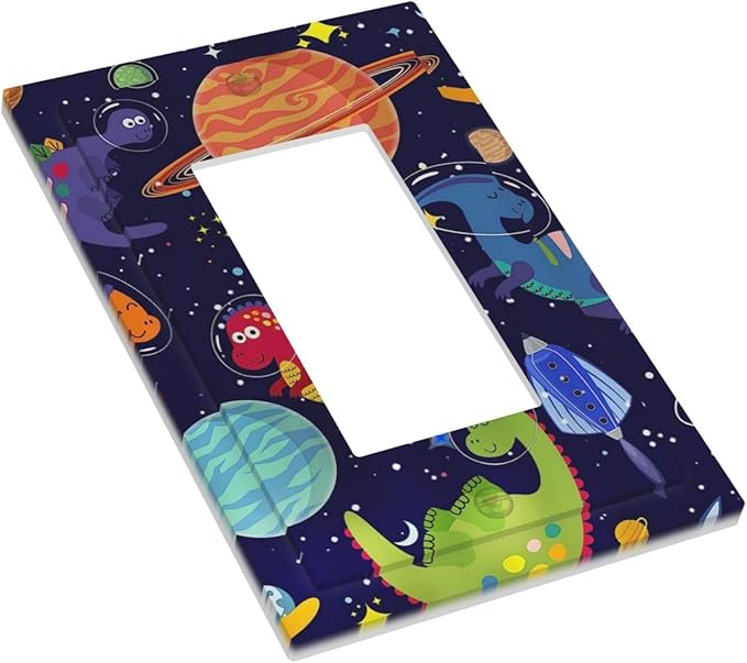 Funny Astronaut Dino Kids Dinosaur Outer Space Nebula Planet Boy Playroom 1 Gang Electrical Decora/GFCI Device Wallplate Single Decorator Rocker Outlet Light Switch Cover Electrical Faceplate Dimmer