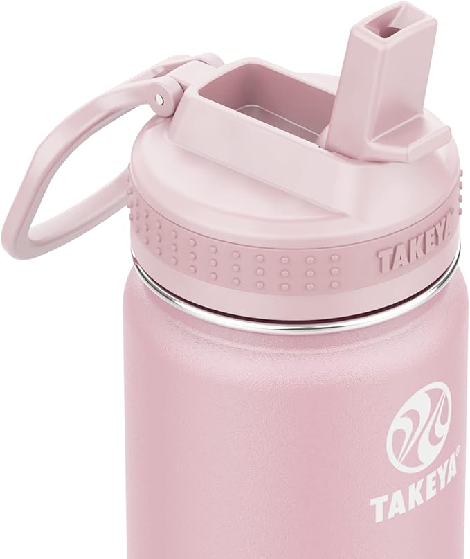 Takeya Actives Kids Water Bottle 14 oz Stainless Steel Double Wall Insulation BPA-Free Leakproof Straw Lid Easy Carry Handle Reusable Ideal for Boys and Girls, School, Sports - Blush