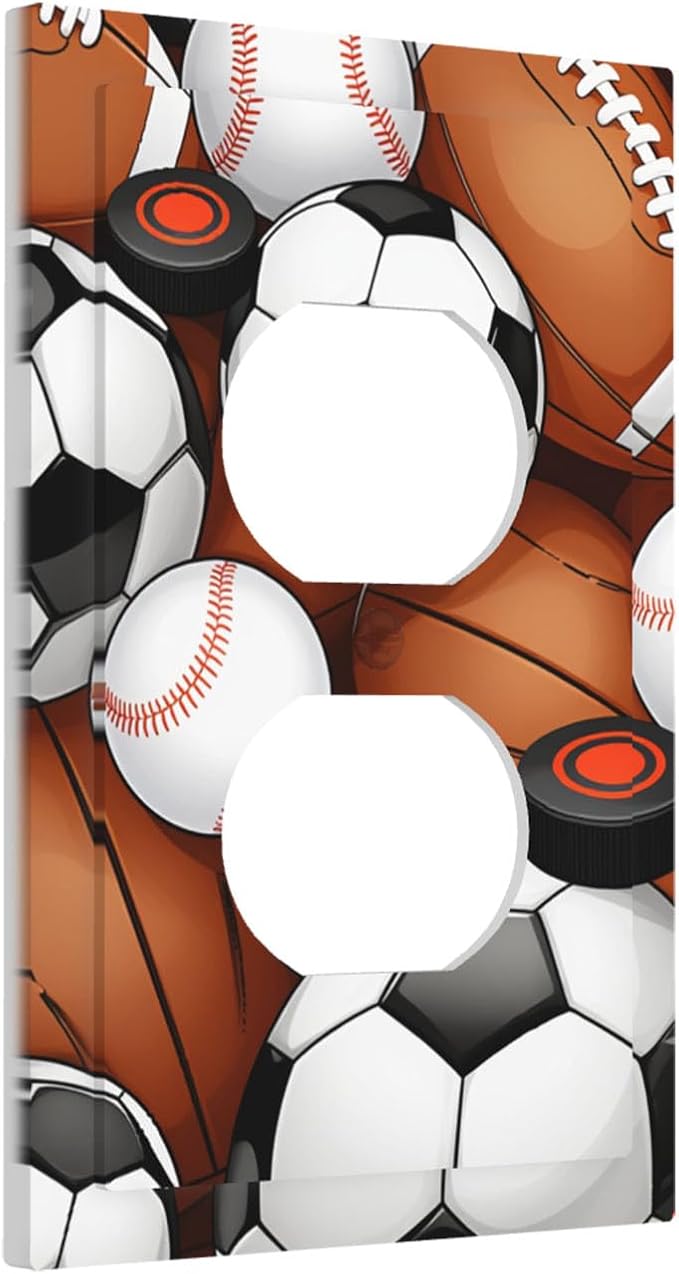 All-Star Sports Balls Collage Duplex Wall Plate - 1-Gang Standard US Size Football Baseball Soccer Game Day Themed Outlet Covers for Boy's Bedroom Decor