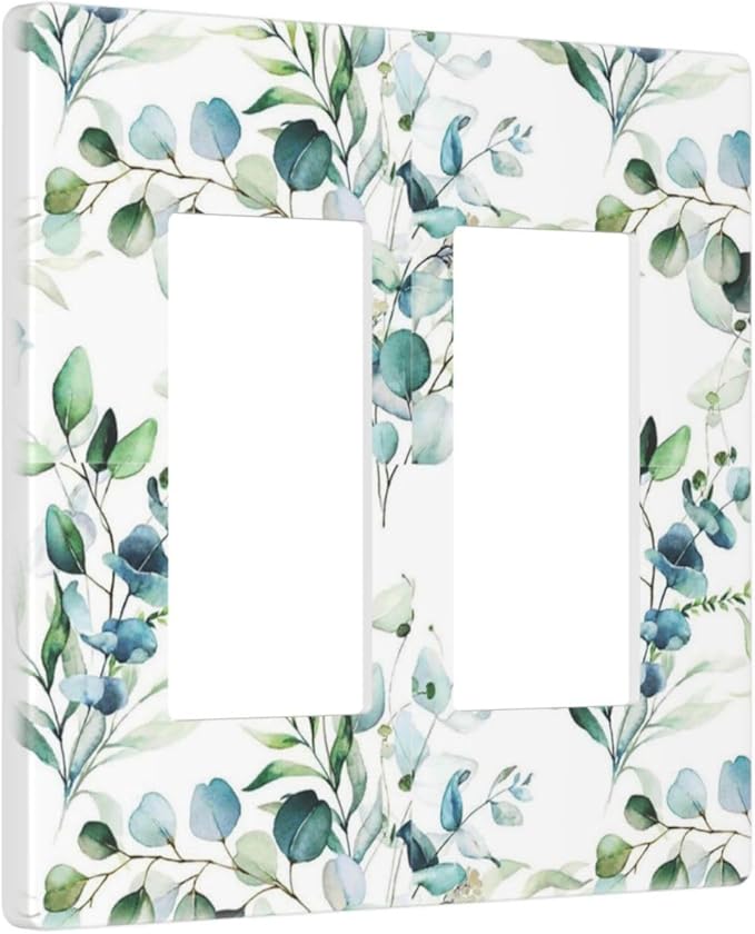 Decorative Double Decorator/GFCI Wall Plate 2 Gang Green Eucalyptus Leaves, Spring Summer Tree Sage Olive Leaf Electrical Outlet Rocker/GFCI Light Switch Cover Faceplate Covers Screwless for Dimmer