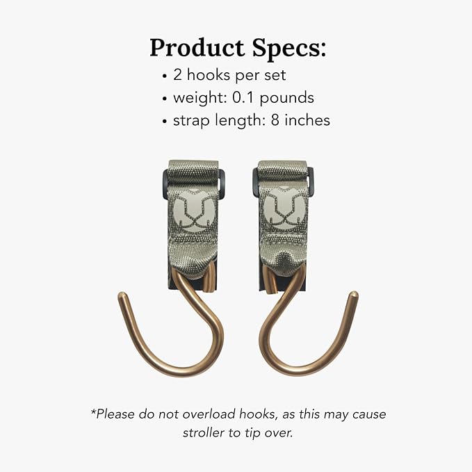 Huhu Essential Stroller Hooks - Lightweight Aluminum Stroller Bag Hook with Adjustable Straps, Matte Gold S-Hooks for Diaper Bag, Shopping, Everyday Essentials – Universal Fit Baby Stroller Accessory