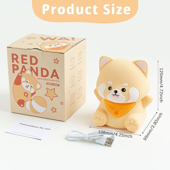 Rytinazzz Red Panda Night Light, 50-Hour Battery & Pat Control, Squishy Silicone Lamp for Kids Nursery, USB Rechargeable with Timer, Mothers Day Gifts