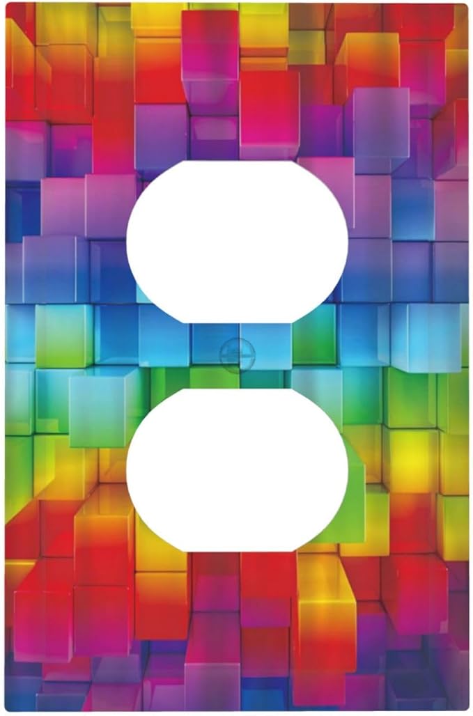 3D Colorful Rainbow Wall Abstract Squre Shaped 1 Gang Outlet Plate Decorative Single Duplex Wall Plate Covers Unique Electrical Receptacle Light Switch Cover Art Faceplate Switchplate for Living Room
