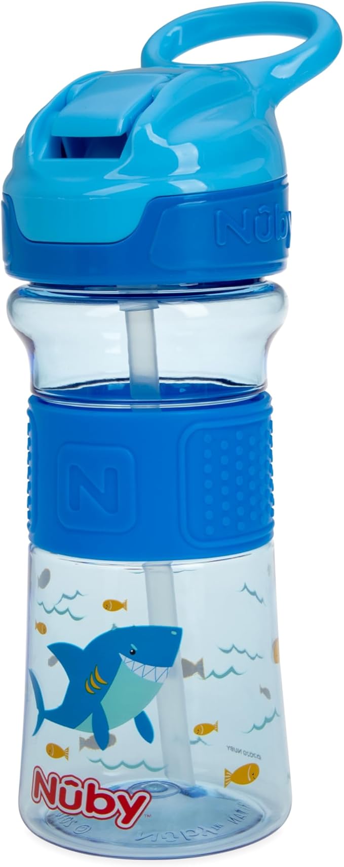 Nuby Thirsty Kids Push Button Flip-it Soft Spout on The Go Water Bottle with Easy Grip Band, Blue Sharks, 12 Oz