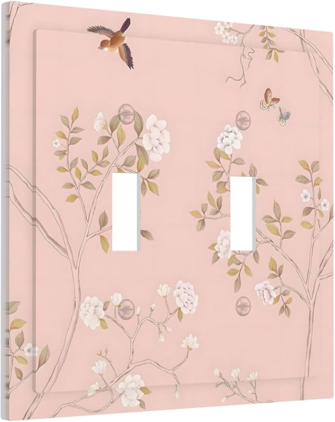 Pink Background Flowers Bird Butterflies Floral Decorative Switch Plates 2 Gang Double Toggle Outlet Light Switch Cover Wall Plate Electrical Faceplate for Bedroom Living Room Decor