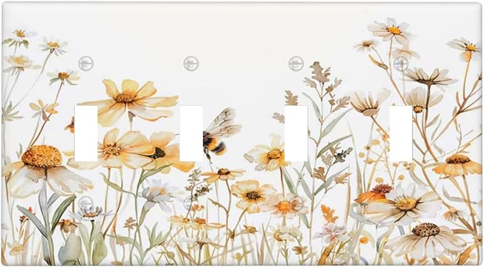 Yellow White Daisy Floral Bee Wild Flower Light Switch Covers Quad Toggle Electrical Faceplate 4 Gang Wall Plate Decorative Switch Plates Cover for Bedroom Living Room Decor