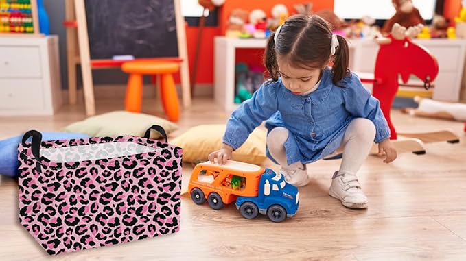 Essme Rectangular Kids Baskets,Pink Storage Basket with Handles for Girls Room Decor, Leopard Print Box,Cute Storage Bin（Pink leopard print）