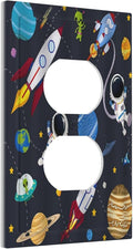 Rocket Planets Astronaut Blue Decorative 1 Gang Single Duplex Light Switch Plate Outlet Cover Decorative Wall Plate Switchplate Electrical Faceplate for Nursery Kidsroom Bedroom Decor