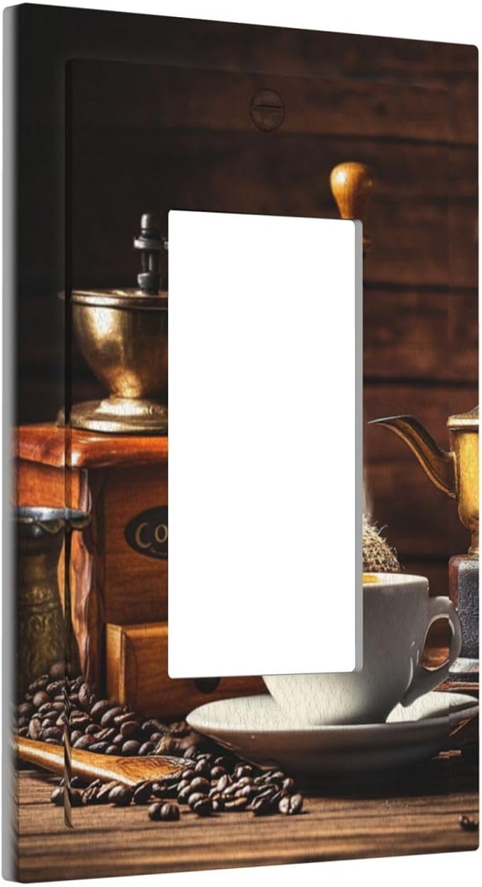Decorative Light Switch Cover Plate with Vintage Coffee Retro Grinder Artwork Design 1 Gang Rocker Outlet Covers Single Decora Gfci Device Wall Plate for Rustic Kitchen Decor