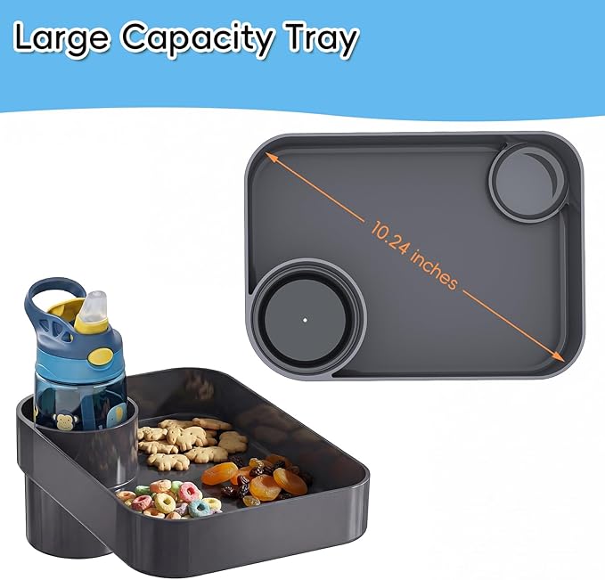 Kids Car Seat Tray, Travel Tray with Cup Holder for Toddler Baby, Kids Car Seat Food Snack Organizer for Road Trip, Stroller Snack Organizer Travel Must Haves Toddler Must Haves (Dark Gray, 1PCS)