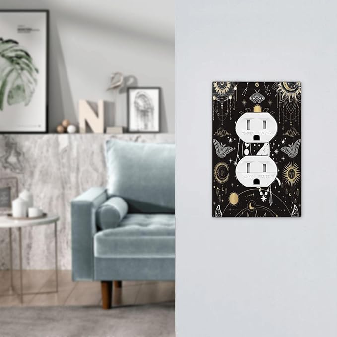 White Cat Tarot Moon Phases Moth Celestial Gothic Outlet Covers 1 Gang Duplex Light Switch Cover Decorative Switch Plates Electrical Receptacle Faceplate Wall Plate for Kids Room Bedroom Decor