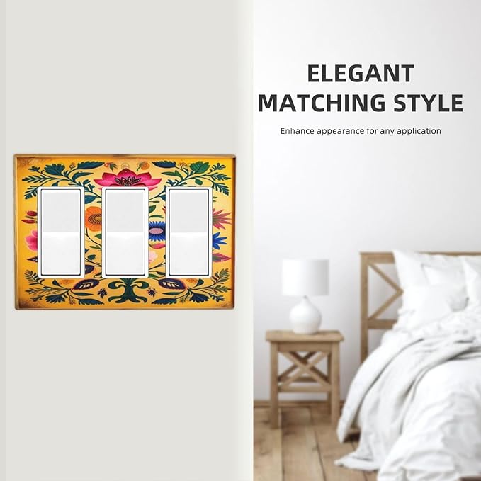 Decorative Art Light Switch Covers ColorFul Blooms 3 Gang Triple Rocker Outlet Switch plate GFCI Faceplate GFCI for Home Decor