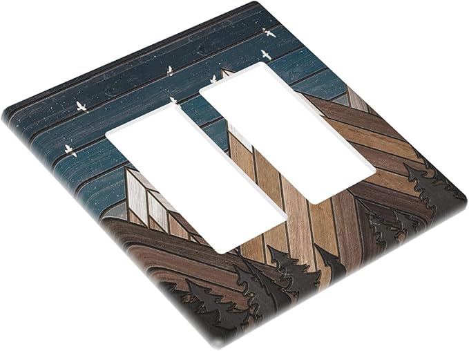Rustic Geometric Mountain Wilderness Wood Light Switch Plate Cover 2 Gang Double Rocker Wall Plates Electrical Faceplates Decorative GFCI Outlet Covers for Bedroom Bathroom Kitchen Art Decor