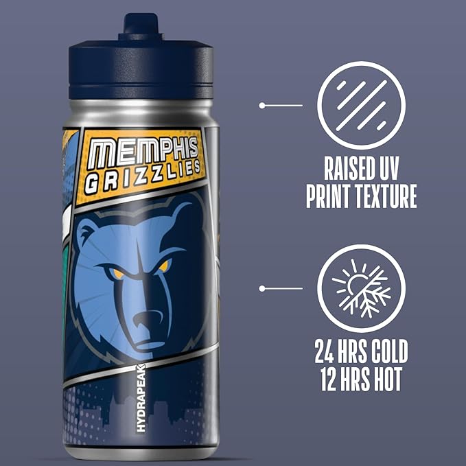 Hydrapeak x NBA Memphis Grizzlies 20 oz Stainless Steel Water Bottle, Officially Licensed Double Wall Insulated Sports Bottle with Straw Lid, Reusable Leakproof Gift for Kids & Adults