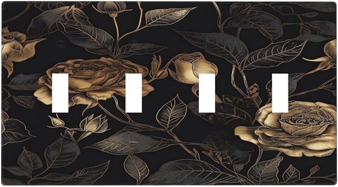 Black Floral Dark Vintage Gold Rose Flower Light Switch Covers Quad Toggle Electrical Faceplate 4 Gang Wall Plate Decorative Switch Plates Cover for Bedroom Living Room Decor