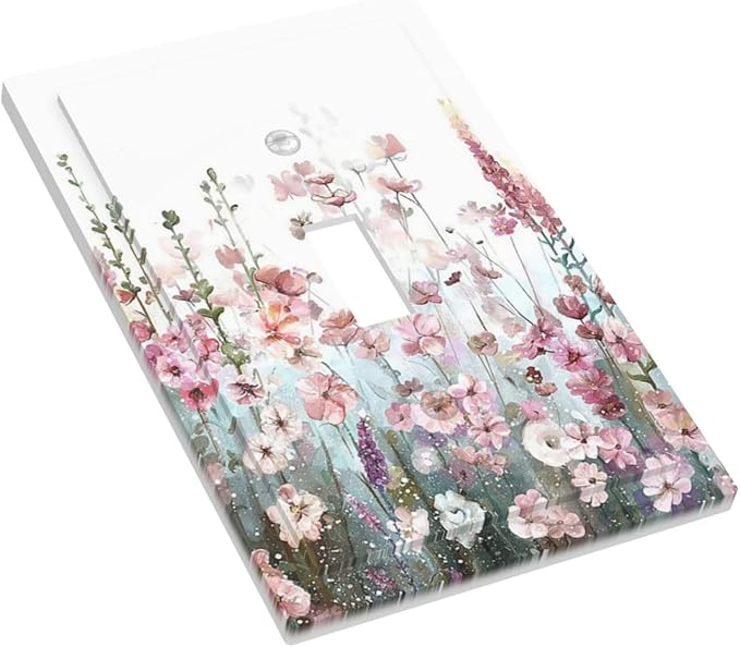 Colorful Flowers Pink Floral Watercolor Plant Decorative Light Switch Cover 1 Gang Single Toggle Device Electrical Faceplate Switchplates Decorator Outlet Wall Plate for Bed Room Living Room Decor