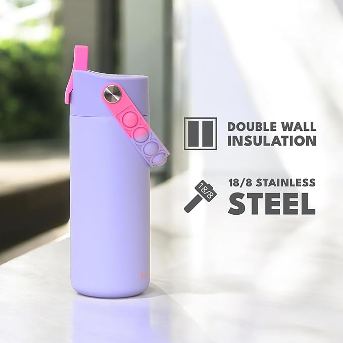 Elemental Insulated Kids Water Bottle, Stainless Steel Water Bottle with Straw Lid & Pop-It Handle, Leak-Proof Water Bottles for School, Boys or Girls, Travelling and Sports, 18oz - Lilac Tie Dye