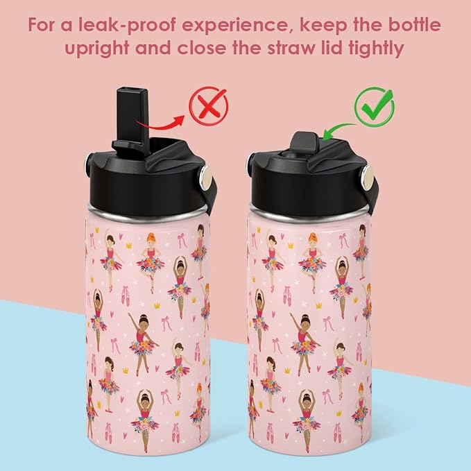Ballet Kid 12oz Water Bottle with Straw Lid - 2-Pack Insulated Stainless Steel Water Bottles for Kids Girls - Travel Cup for School Sports