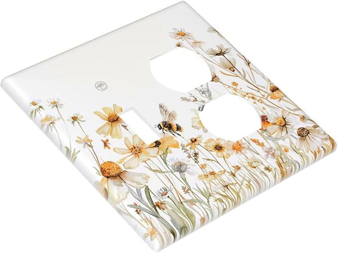 Yellow White Daisy Floral Bee Wild Flower Wallplates 1 Toggle 1 Duplex Switch Plate Electrical GFCI Faceplate Decorative Light Switch Covers for Bedroom Living Room Decor