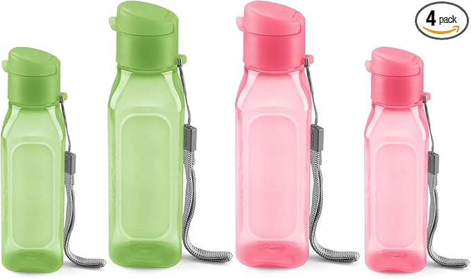 MILTON Bulk Water Bottles Set of 4 – 10 and 17oz Multicolor Bottles for Kids and Adults – Leak Proof with Carry Strap – Square Reusable Bottles for Juice, Drinks BPA-Free Dishwasher-Safe
