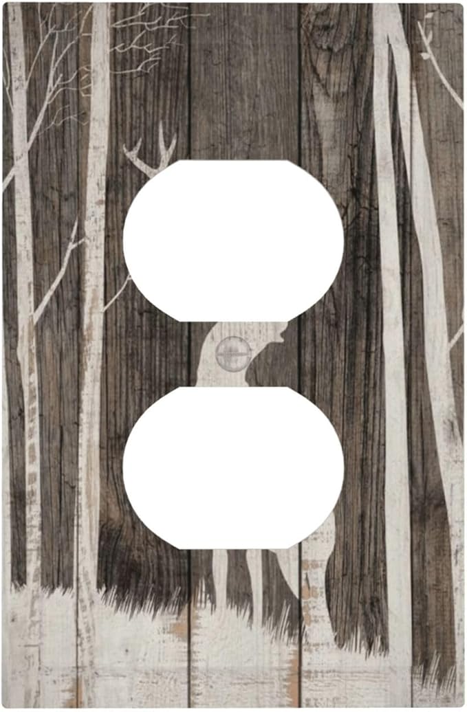 Vintage Wood Forest Deer Wildlife Animal Silhouette Outlet Covers 1 Gang Duplex Light Switch Cover Decorative Switch Plates Electrical Receptacle Faceplate Wall Plate for Farmhouse Home Decor