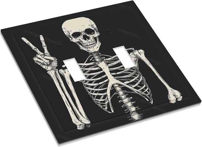 Decorative Switch Plates Skeleton Skull Boho Hippie Dark Background 2 Gang Double Toggle Outlet Light Switch Cover Wall Plate Electrical Faceplate For Cabin Office Decor