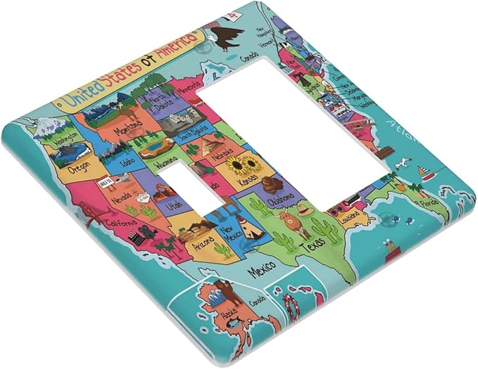 American Map 2 Gang Single Toggle/Rocker Combination Light Switch Cover Decorative Wall Plate Faceplate Boys Kids Teen Girl Bedroom Room Decorate 4.5" x 4.5