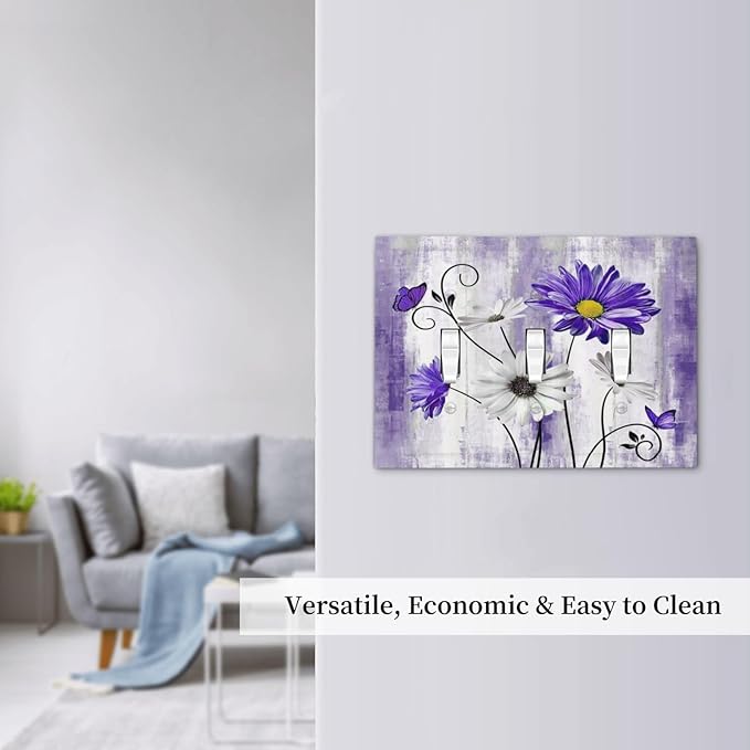 Decorative Light Switch Cover Plate Rustic Purple Daisy Butterfly Boho White Floral 3 Gang Wall Plate Switch Plate Covers Triple Toggle Jumbo Electrical Faceplate for Country Home Decor