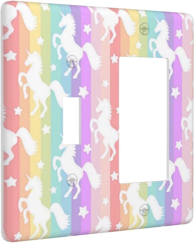 Purple Pink Girly Kid Girl Cute Colorful Rainbow Unicorn Decorative Single Toggle/Rocker Combo Light Switch Cover 2-Gang Electrical Wall Plate Double Combination Switch Decorator GFCI Receptacle Cover