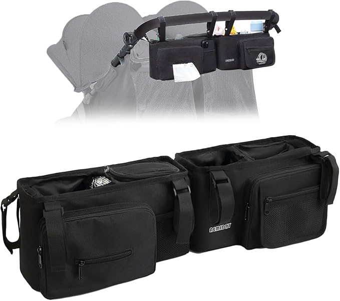 Double Stroller Organizer Compatible with BOB Duallie and Baby Jogger City Mini GT2 Double Stroller, Double Baby Stroller Accessories with 2 Cooler Pockets , Black(Empty Bag)