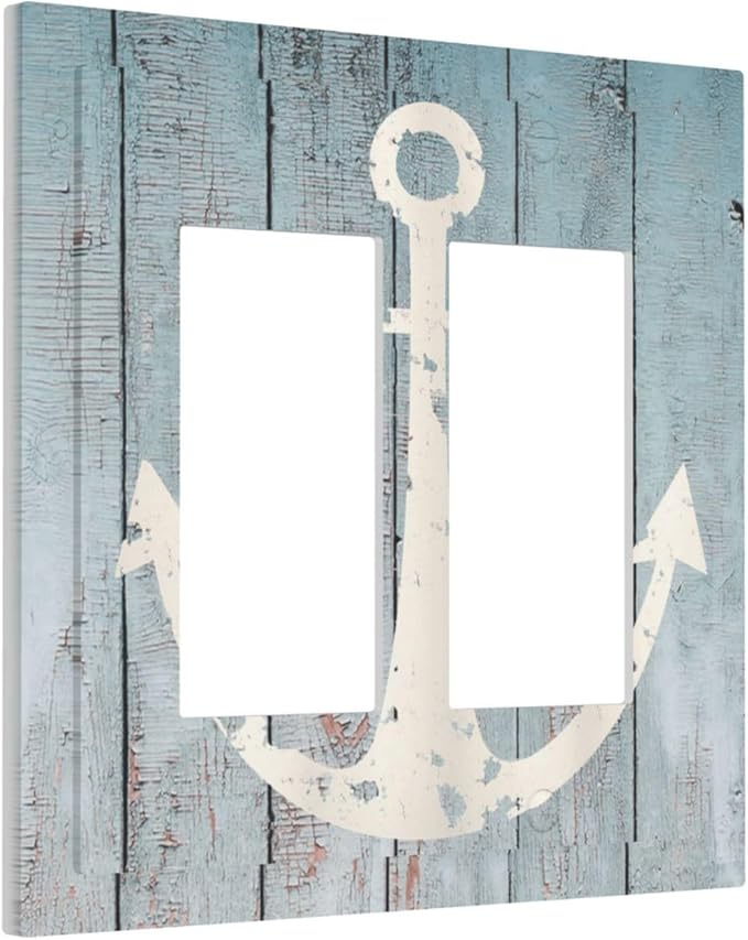 Anchor Rustic Sailing Nautical Wooden Planks Marine Decorative Outlet Covers 2 Gang Double GFCI Rocker Electrical Wall Panels Light Switch Cover Plate for Bathroom Farmhouse Decor