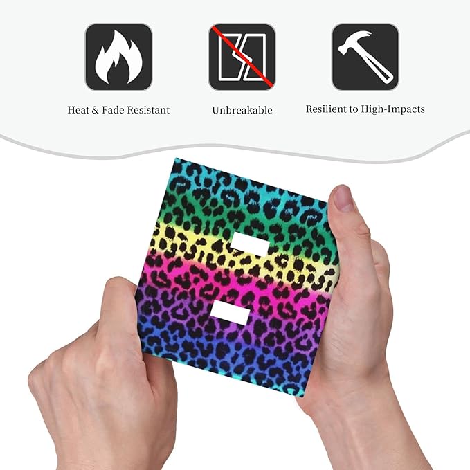 Funky Colorful Leopard Double Toggle Light Switch Cover Decorative 2 Gang Wall Plate Electrical Switchplate Faceplate Original Animal Print Safari Bathroom Kitchen Living Room Home Decor 5" x 4.9
