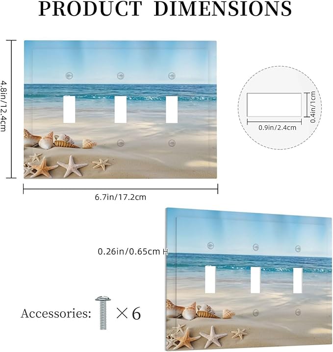 Light Switch Cover Plate Summer Beach Starfish Shells 3 Gang Switch Plate Covers Triple Toggle Decorative Wall Plates Electrical Faceplate for Bathroom Home Decor