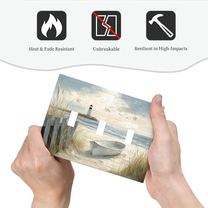 Sea Beach 3 Gang Light Switch Cover Old Ship Reed Lighthouse Seascape Triple Toggle Wall Plate Decorative Electrical Switchplates for Country Bedroom Kitchen Living Room Home Decor