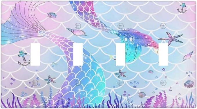Cartoon Blue Purple Pink Girl Mermaid Scales Tail 4 Gang Quad Toggle Decorator Light Switch Cover Girly Kids Nursery Cute Conch Underwater Theme Wall Plate Decorative Electrical Faceplate Switchplate
